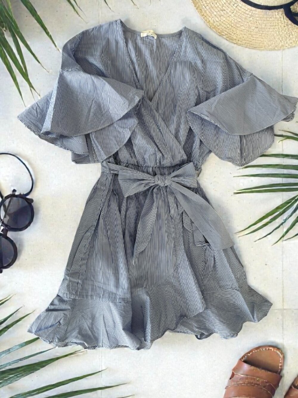 Ruffle Blue and White Stripe Wrap Dress in Medium